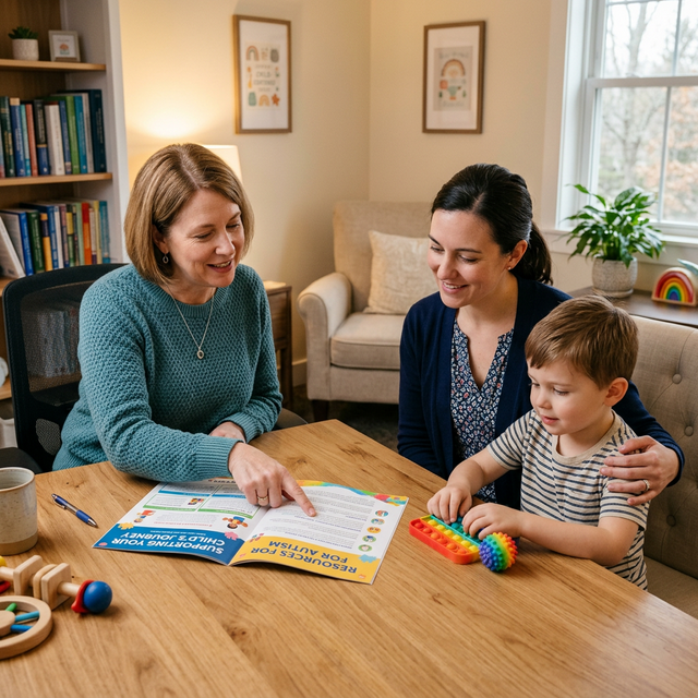 Supportive family advisor helping a mother and child