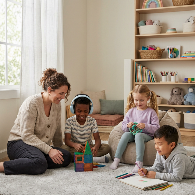 Supportive parent and child in a calm, sensory-friendly environment